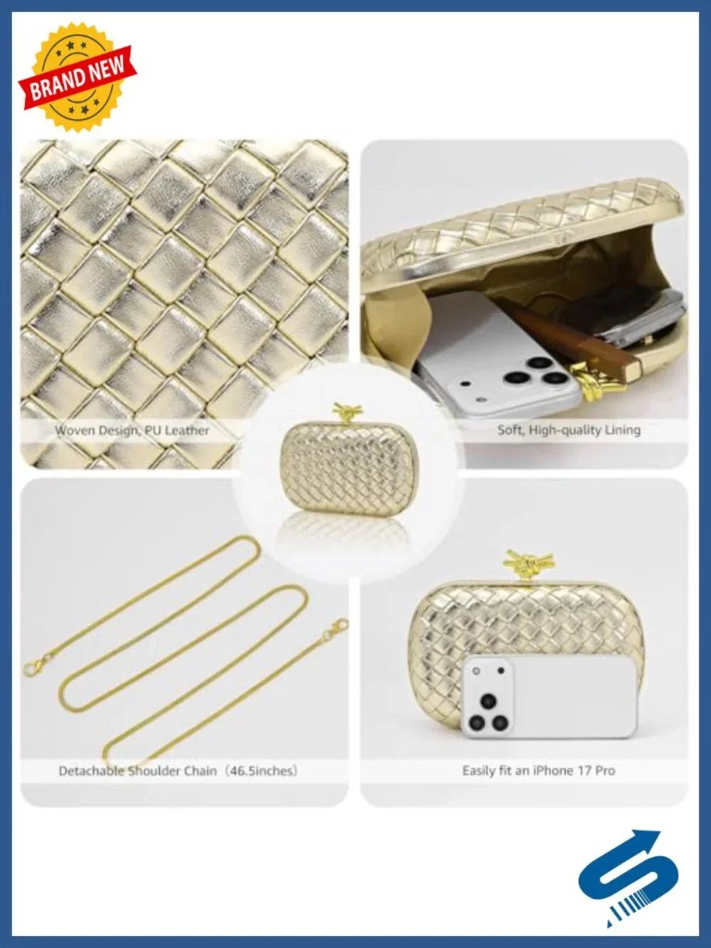 Woven Faux Leather Evening Clutch with Chain Bride Purse Party Prom
